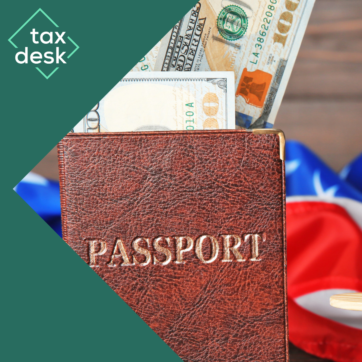 Passport and US dollar notes in front of an American flag, representing US market entry