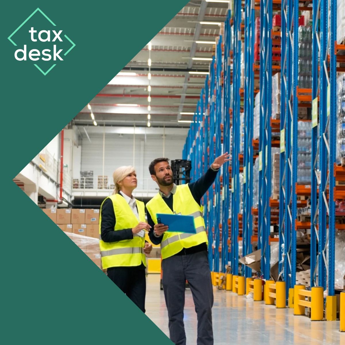 Warehouse workers in hi-vis vests checking stock on shelving for e-commerce fulfilment